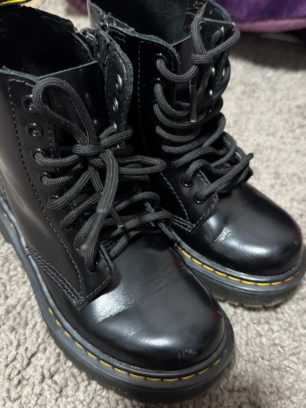 Dr. Martens Black Leather Lace-Up Boots with Yellow Stitching